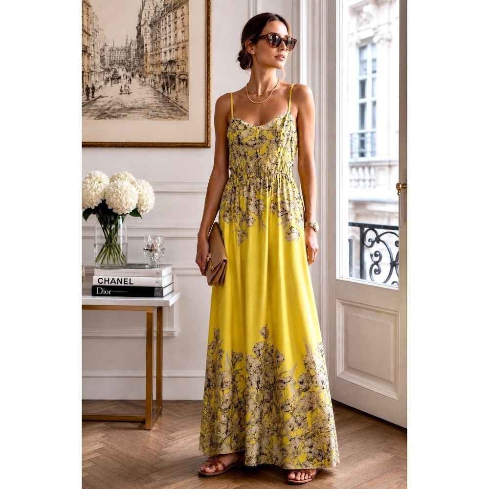 Gianni Bini Belly Conklin style Yellow Floral Maxi garden party dress 4